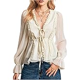 OYOANGLE Women's Long Sleeve Tie Front Chiffon Blouse V Neck Frill Trim Sheer Peplum Tops