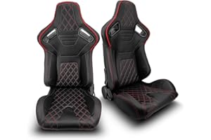 ModifyStreet 1 Pair Universal PVC LEATHER/RED STITCH LEFT/RIGHT RACING RECLINABLE SEATS PAIR