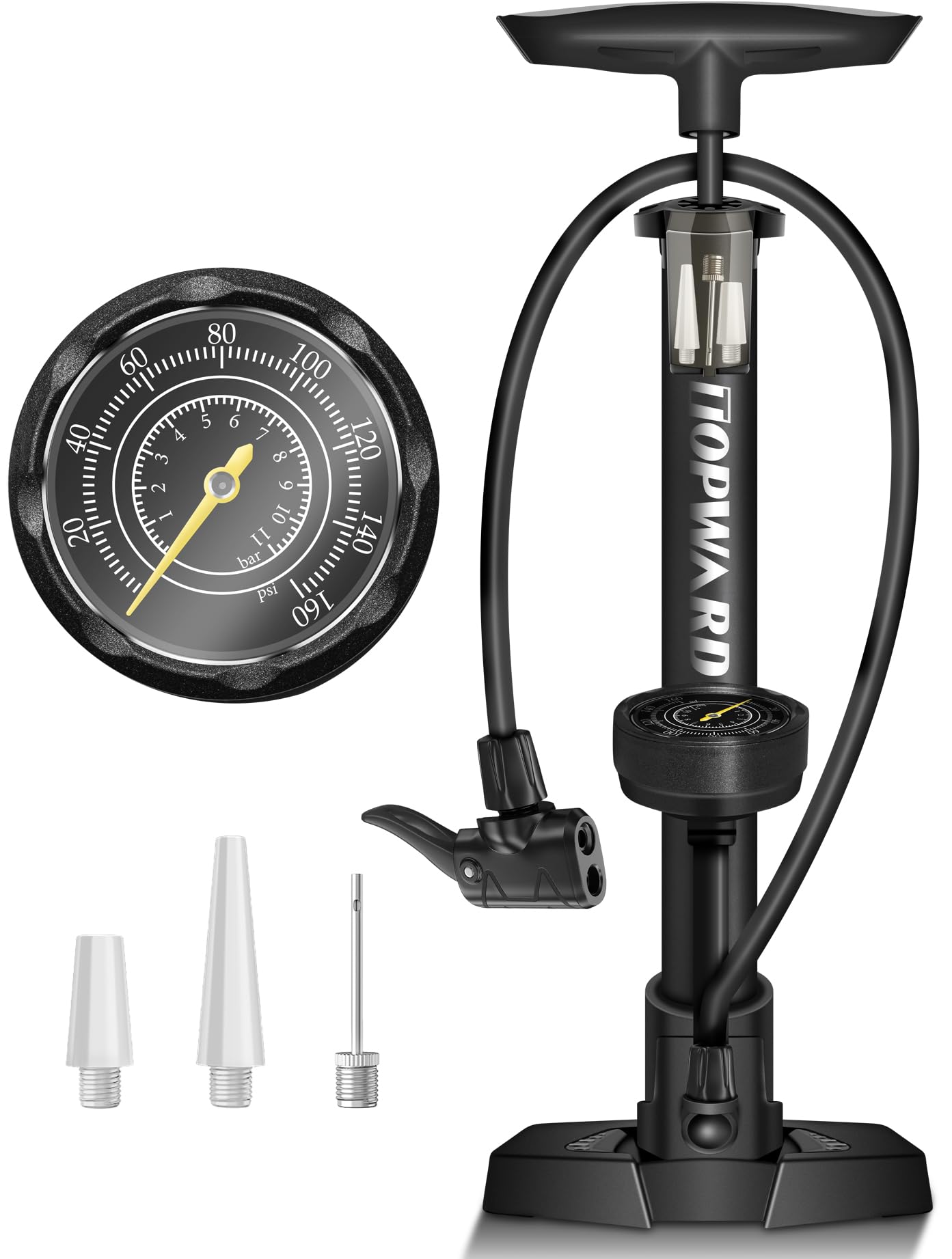 Topward Bike Tyre Pump with Presta & Schrader Valve, Mini Road Bike Pump, Portable Bicycle Floor Pump for Mountain Bikes, Football Basketball Air Cushion, Ball Pump with Needle