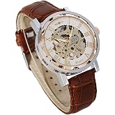 Gute Mechanical Skeleton Watch Hand-Wind Steampunk Roman Numeral Unisex | Rose-Gold Case,Silver Dial,40mm,12mm Thick,Brown Leather Strap,Luminous Hands,3ATM Splash-Resistant,Business Casual.