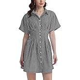 YEXPINE Women's Button Down Pleated Shirt Dress Short Sleeve Corset Waist Striped Summer Causal Mini Dresses