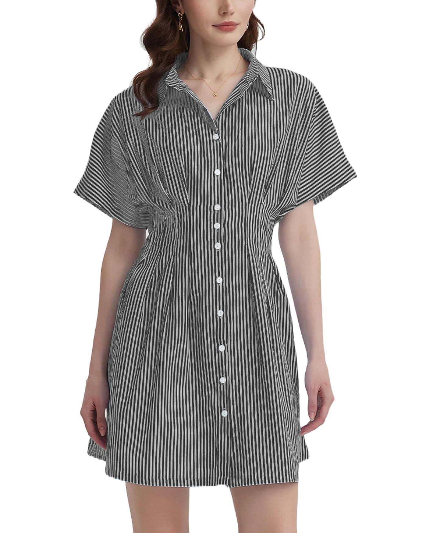 Photo 1 of *large* YEXPINE Women's Button Down Pleated Shirt Dress Short Sleeve Corset Waist Striped Summer Causal Mini Dresses Grey