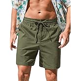 RQP Mens Cotton Linen Shorts Casual Drawstring 7inch Inseam Shorts Stretch Summer Beach Wear
