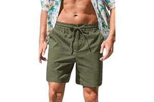 RQP Mens Cotton Linen Shorts Casual Drawstring 7inch Inseam Shorts Stretch Summer Beach Wear