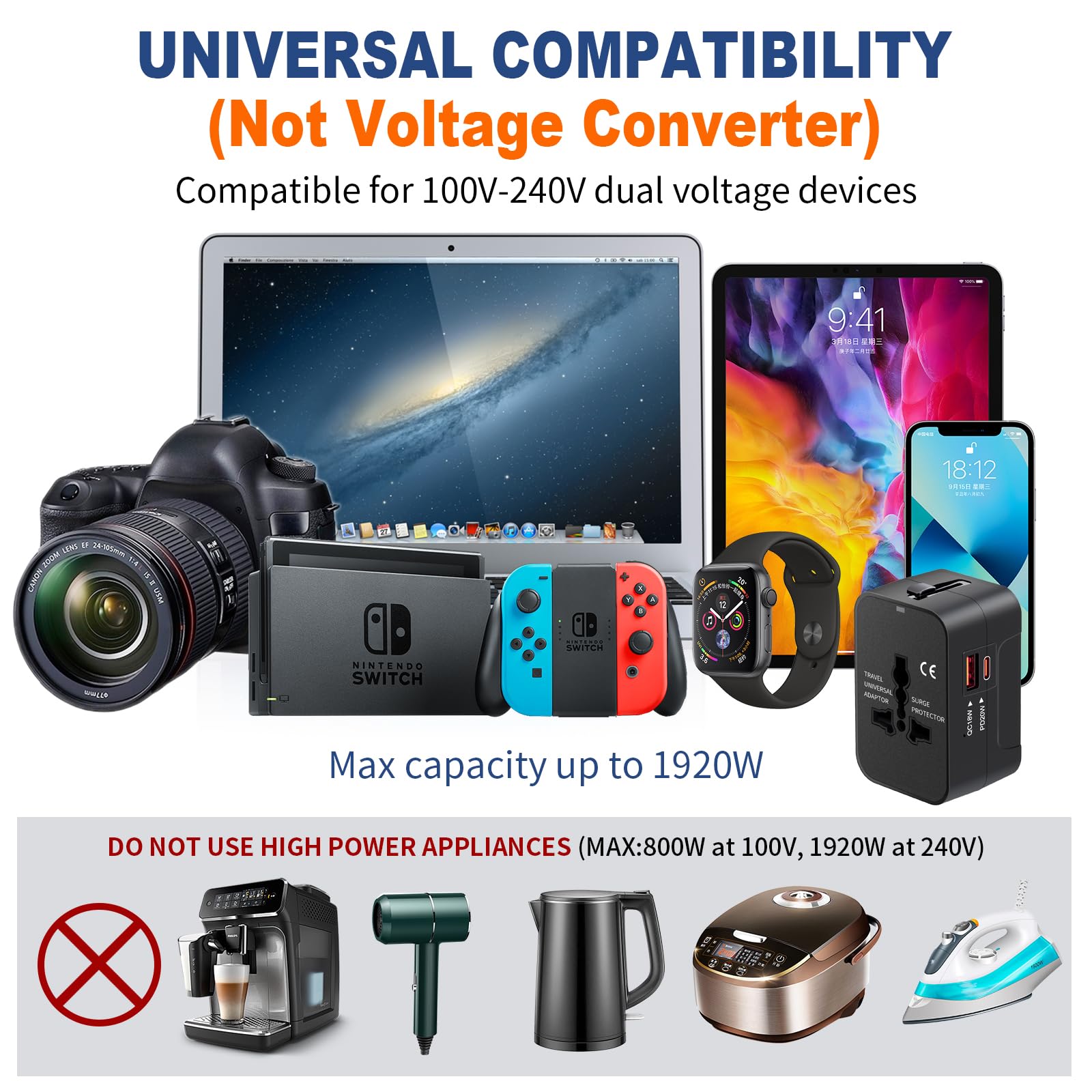 Travel Adapter USB C, Universal All in One Worldwide Travel Adapter Fast Charge GaN PD3.0 Type C USB-A Quick Charging Ports Power Converters Wall Charger AC Power Plug Adapter for USA EU UK AUS Black