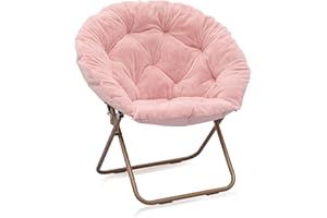 MoNiBloom Round Folding Faux Fur Saucer Chair for Bedroom Living Room Dorm Garden Courtyard Foldable Metal Frame Oversized Large Comfy Furry Padded Soft Lounge Lazy Cozy Moon Chair for Adults (Pink)