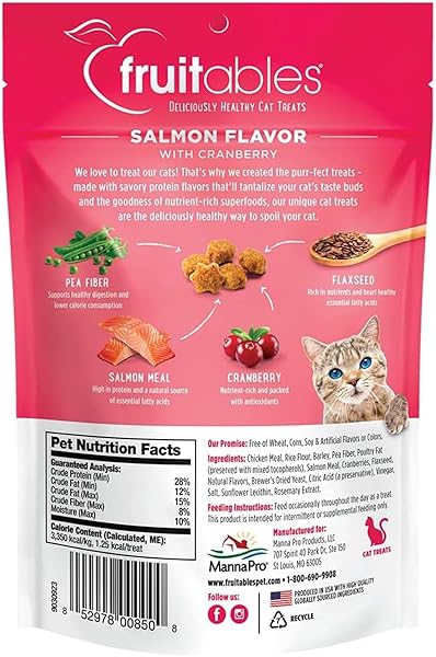 FRUITABLES CAT TREATS, HEALTHY TREATS FOR CATS, LOW CALORIE AND PACKED WITH PROTEIN, CRUNCHY BISCUITS, NO WHEAT, CORN OR SOY, MADE WITH REAL SALMON AND CRANBERRY, 2.5OZ