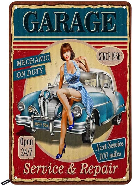Targa Metallica Vintage 'Welcome To Garage' Con Pin Up Girl - 30,5x20,3 Cm, Decorazione Da Parete Per Bar, Pub E Officina