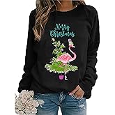BOMYTAO Merry Christmas Flamingo Sweatshirt for Women Christmas Lights Pullovers Xmas Holiday Lightweight Shirts Blouses