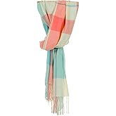 Glen Isla 100% Cashmere Summer Lightweight Scarf/Stole/Shawl Coral & Green Block Check - Made In Scotland