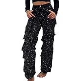 Women's Rhinestone Casual Cargo Jeans High Waisted Bling Sparkly Y2K Baggy Wide Leg Diamond Denim Trousers Multi-Pocket