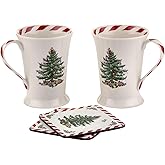Spode Christmas Tree 10oz Mug and 4" Coaster - Set of 2, Peppermint Design - Porcelain Mug with Cork Back Coaster, Microwave and Dishwasher Safe - Festive Holiday Tableware