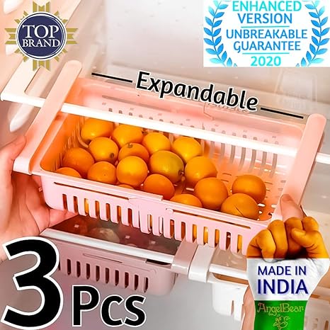 Angel Bear 3 Pcs Expandable Adjustable Fridge Storage Basket Under Shelf Fridge Organiser