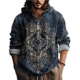 MARSVOVO Vintage Ethnic Men's Lightweight Hoodie Long Sleeve 3 Button Hooded Shirt Comfy Cool Daily Tops for Spring Fall