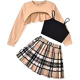 fioukiay Girls 3 Piece Outfit Skirt Sets Long Sleeve Sweatshirt and Plaid Pleated Skirt with Camisole Clothes Set