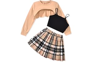 fioukiay Girls 3 Piece Outfit Skirt Sets Long Sleeve Sweatshirt and Plaid Pleated Skirt with Camisole Clothes Set