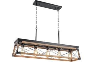 Airposta Farmhouse Rustic Wood Chandelier, 5 Lights Metal Rectangle Dining Room Swag Lighting, Kitchen Island Industrial Linear Cage Pendant Light Fixtures Hanging Lamp