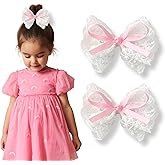 LMYMHMLM 2pcs Lace Hair Bows for Girls, White Lace and Pink Hair Ribbons, Alligator Bow Hair Clips, Handmade Hair Accessories for Girls