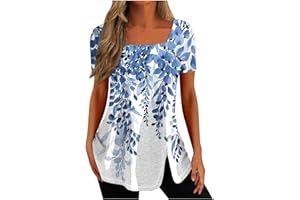 DOVFORD Square Neck Tops for Women Retro Floral Print Split Tee Short Sleeve Tunic Tshirt Summer Dressy Casual Ladies Blouses