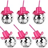 MAKCNMYM 6 PCS Disco Ball Cups Pink Cowgirl Hat Mirror Party Cup with Straws Silver 70s Cocktail Cup Sparkling Tumbler Wine Glass for 1970s Bar Dance Cowboy Bachelorette Party Decorations Supplies