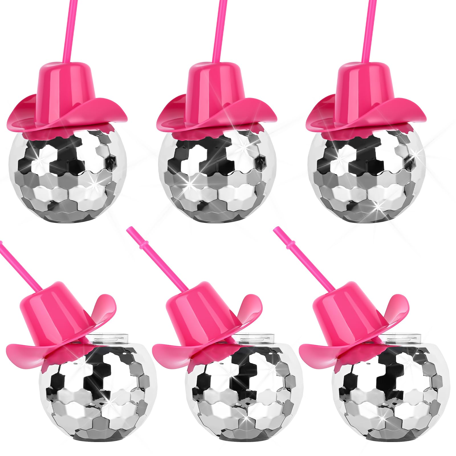 Photo 1 of MAKCNMYM 6 PCS Disco Ball Cups Pink Cowgirl Hat Mirror Party Cup with Straws Silver 70s Cocktail Cup Sparkling Tumbler Wine Glass for 1970s Bar Dance Cowboy Bachelorette Party Decorations Supplies