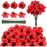 Furbeko 60 Set Red Poppy Artificial Flowers Fake Flowers Poppies Head with Flower Branch for Memorial Day Veterans Day Bouquet Wedding Party Corsages Home Kitchen Decoration