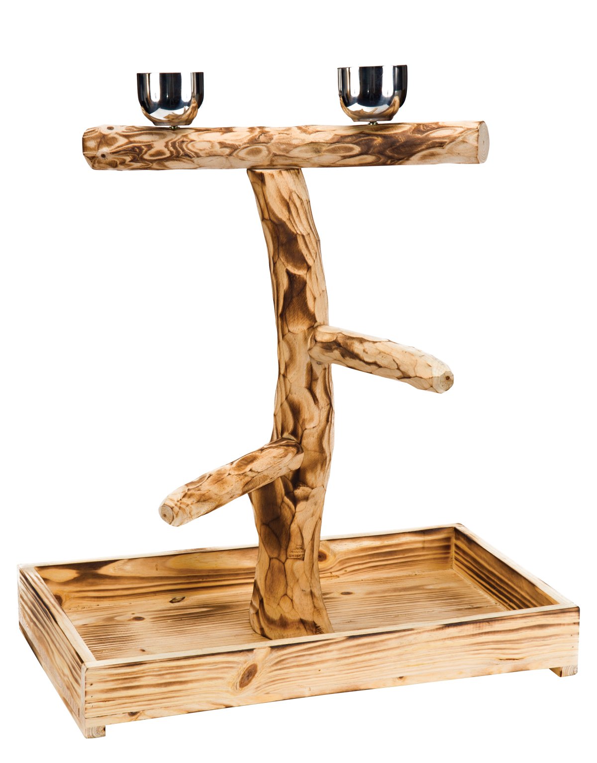 Penn Plax Wood Bird Perch with 2 Stainless Steel Feeding Cups and Drop Tray for Large Birds, Variable Diameter Perch For Maintaining Healthy Feet - 19 Inch Height