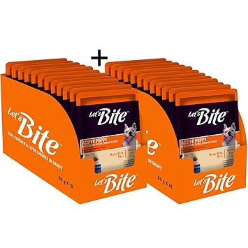 Let's Bite Wet Dog Food, Real Chicken & Liver Chunks in Gravy for Puppy- 80g (Pack of 24)