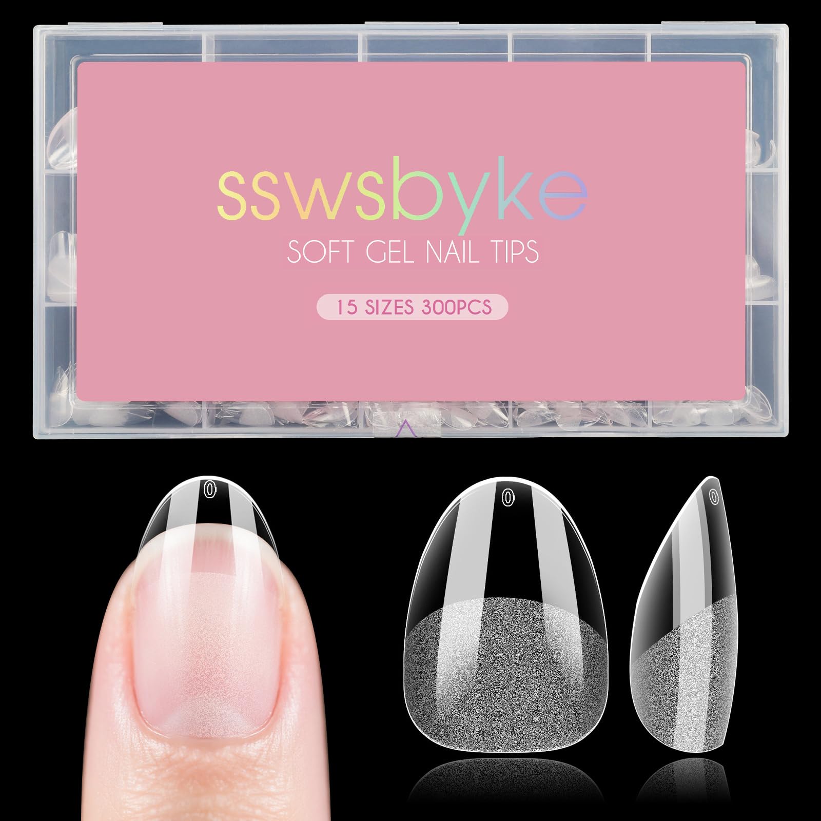 Extra Short Almond Nail Tips, SSWSBYKE 300pcs 15 Sizes Gel Acrylic Nail Tips for Full Cover Pre-Shaped Fake Nails Tips Half Matte Press On Nails for Extension Home DIY Salon
