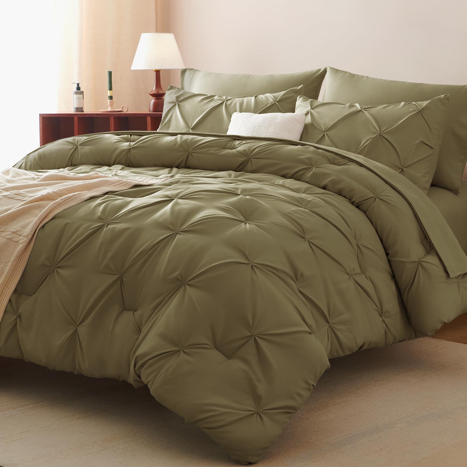 Photo 1 of HIMEET Queen Comforter Set 7 Pieces Bed in A Bag Olive Green Luxury Soft Queen Size Bed Set Pintuck Pinch Pleat Bedding Sets with Comforter, Flat Sheet, Fitted Sheet and Pillowcases & Shams