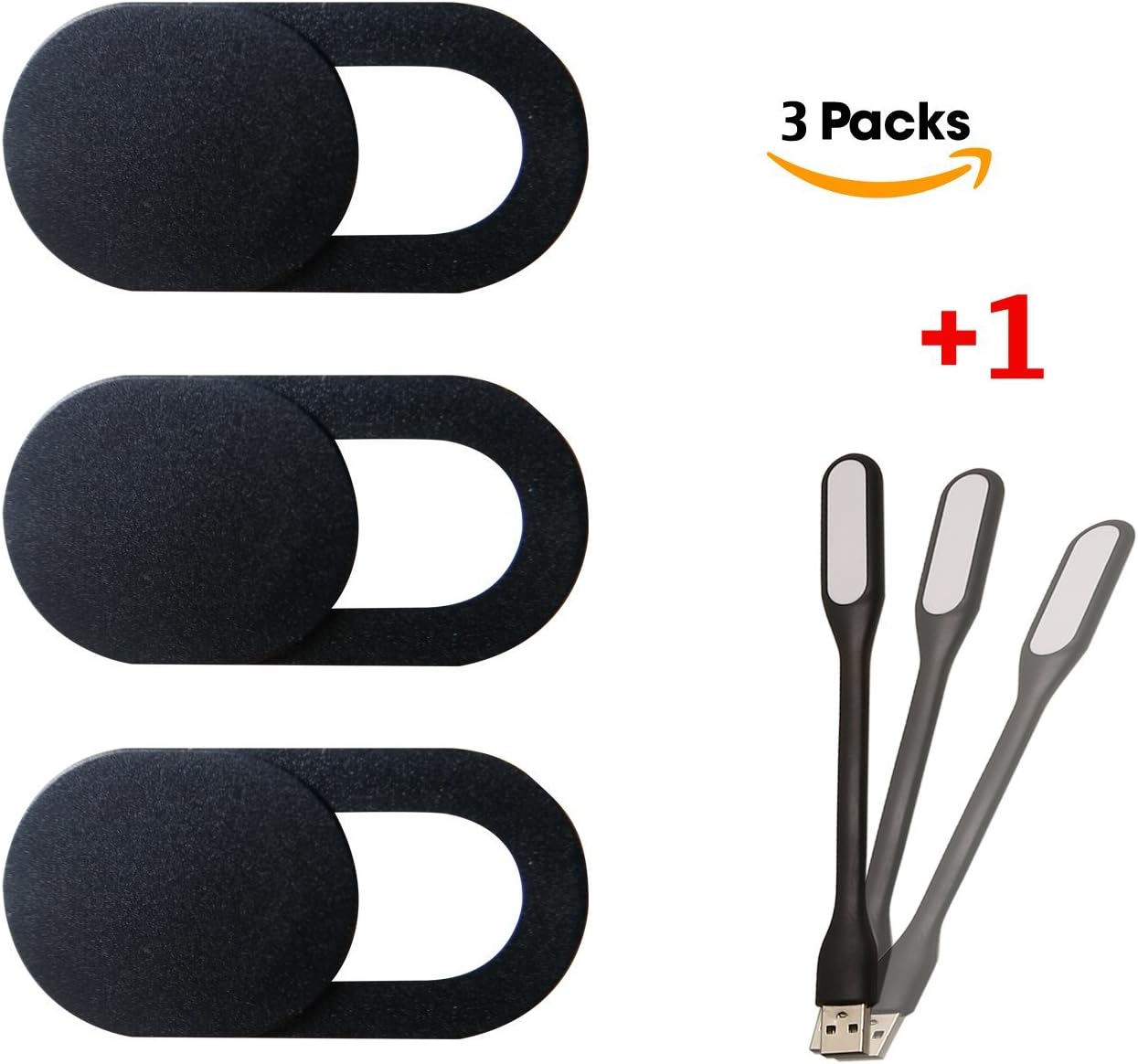 Smart Design Webcam Cover Slide 0.07” Thin for Laptop, Tablet, PC, MacBook Pro, Smartphone, Protect Your Privacy and Security, Strong Adhesive. Pack of 3 (Black) | Bonus a Mini USB LED Light