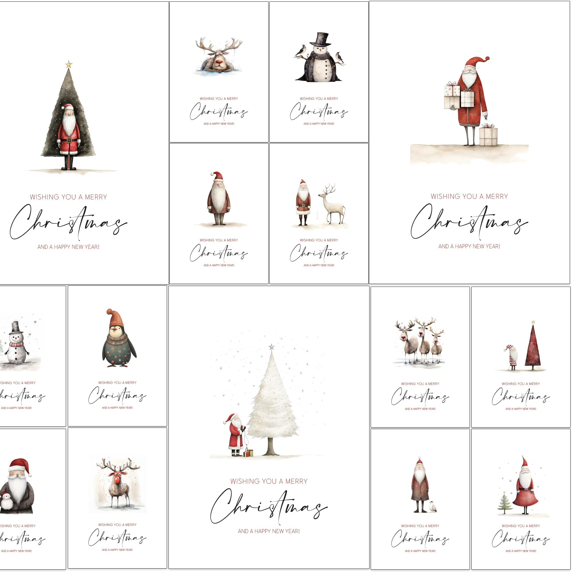 30 Eco Friendly Whimsical Illustrated Christmas Cards 2025 with Recycled Red Envelopes