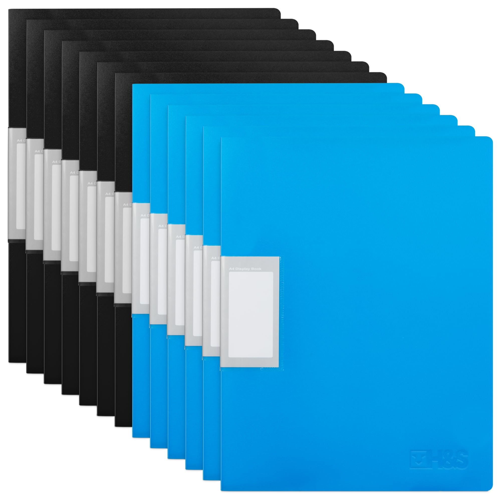 H&S 12 A4 Display Folders - Folder with 30 Plastic Sleeves - Display Book or Wallet with Document Pockets for Presentation Project or Record of Achievement - Blue & Black