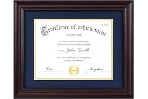 Yaetm 11x14 Diploma Frame, Certificate Frame with Tempered Glass, Display 8.5x11 Document with Dark Green Over Gold Acid-free Mat or 11 x 14 without Mat, Wide Molding (Single, Brown/Blue)