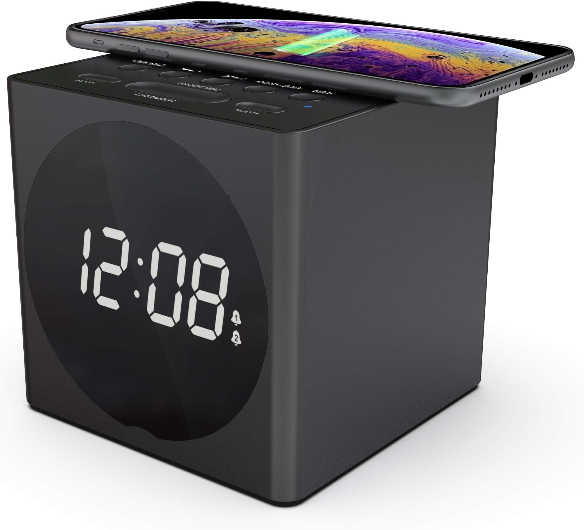 Wireless Charging Dual Alarm Clock with Bluetooth Speaker compatible with iPhone X iPhone 8,USB Charger,Large Dimmable LED Display for Bedrooms,FM Radio, Loud Alarm for Heavy Sleepers, Snooze, Black
