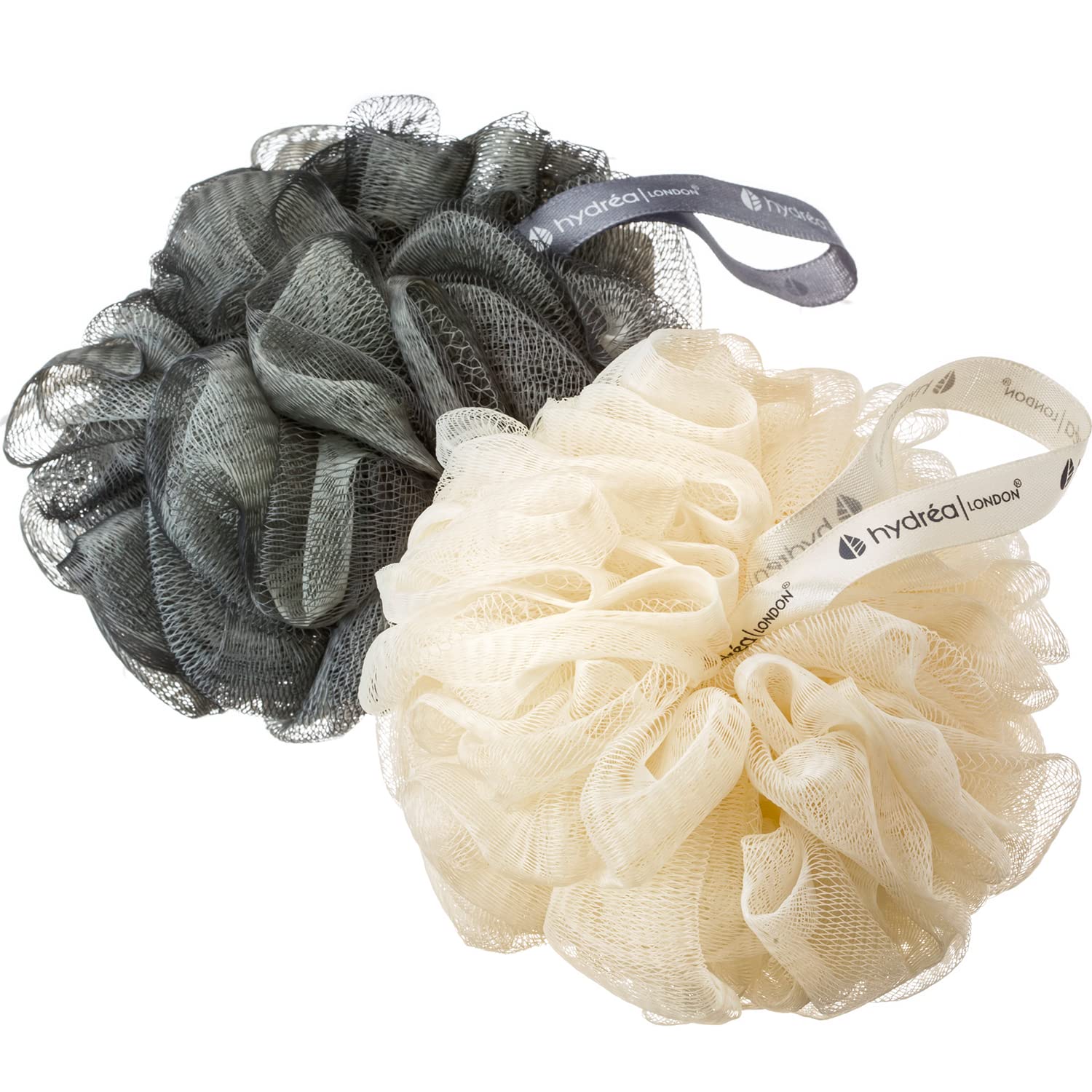 Hydrea London Shower Puffs - Pack of 2 Exfoliating Body Scrubber for Men & Women - Face & Body Cleansing Shower Scrub - Ultra-Soft, Large, & Vegan Bath Scrunchie - Bathing Buffers, Cream & Grey