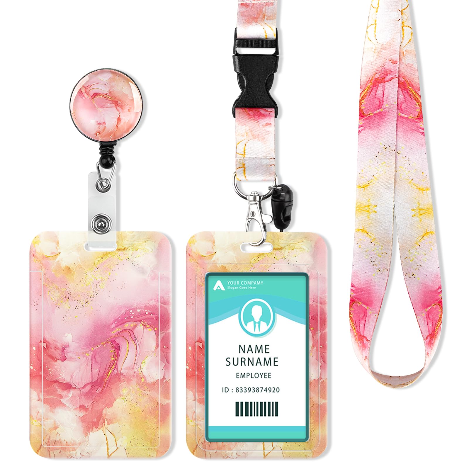ID Card Holder with Lanyard, Extendable Lanyard ID Card Holder, ID Card Case with Strap, Key Ring for ID Card, Student ID, Credit Cards (Marbled Orange) — image 1