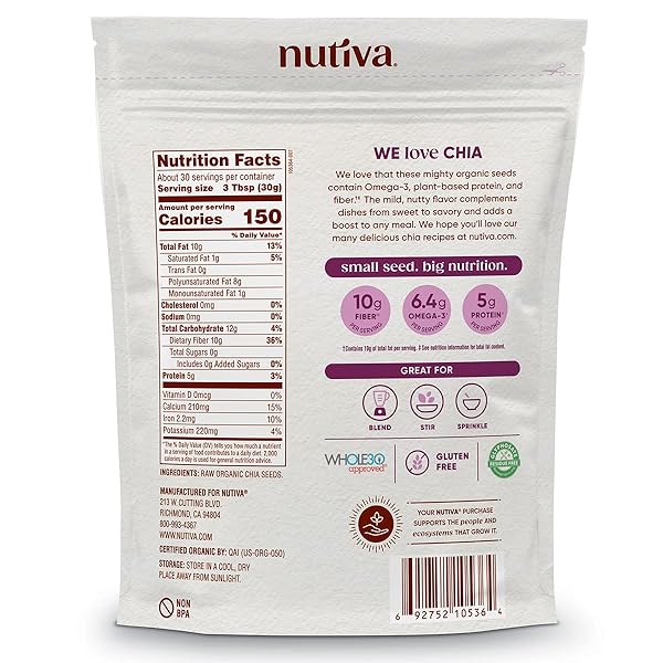 NUTIVA USDA ORGANIC PREMIUM NUTRIENT-DENSE RAW BLACK CHIA SEEDS WITH 3G PROTEIN & 5G FIBER FOR SALADS, YOGURT & SMOOTHIES, NON-GMO, VEGAN, GLUTEN-FREE, KETO & PALEO, 32 OUNCE