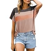 Dokotoo Womens Summer Tops 2026 Fashion Color Block Shirts Casual Crewneck Oversized Tshirts Ribbed Knit Tees Blouse