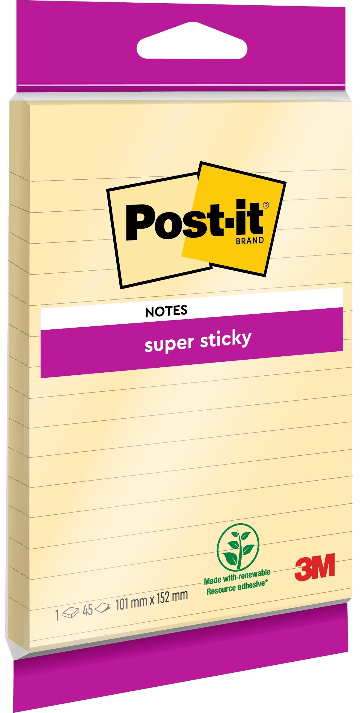 Post-it Super Sticky Large Notes, Lined, 45 Sheets, 1 Pad, 102 mm x 152 mm - Holds Strong to Many Surfaces - Canary Yellow - for Walls, Monitors and Fridge, Recycable