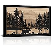 WELMECO Rustic Cabin Decor Bear Wall Art for Living Room Decor Framed Canvas Art Farmhouse Cabin Lodge Home Office Bedroom Decoration 16"x24"
