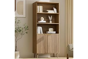 BAZELOR Walnut Bookshelf, 70.9" Tall Book Shelf, 5-Tier Bookcase with Fluted Doors and Adjustable Shelves, Wooden Storage Cab