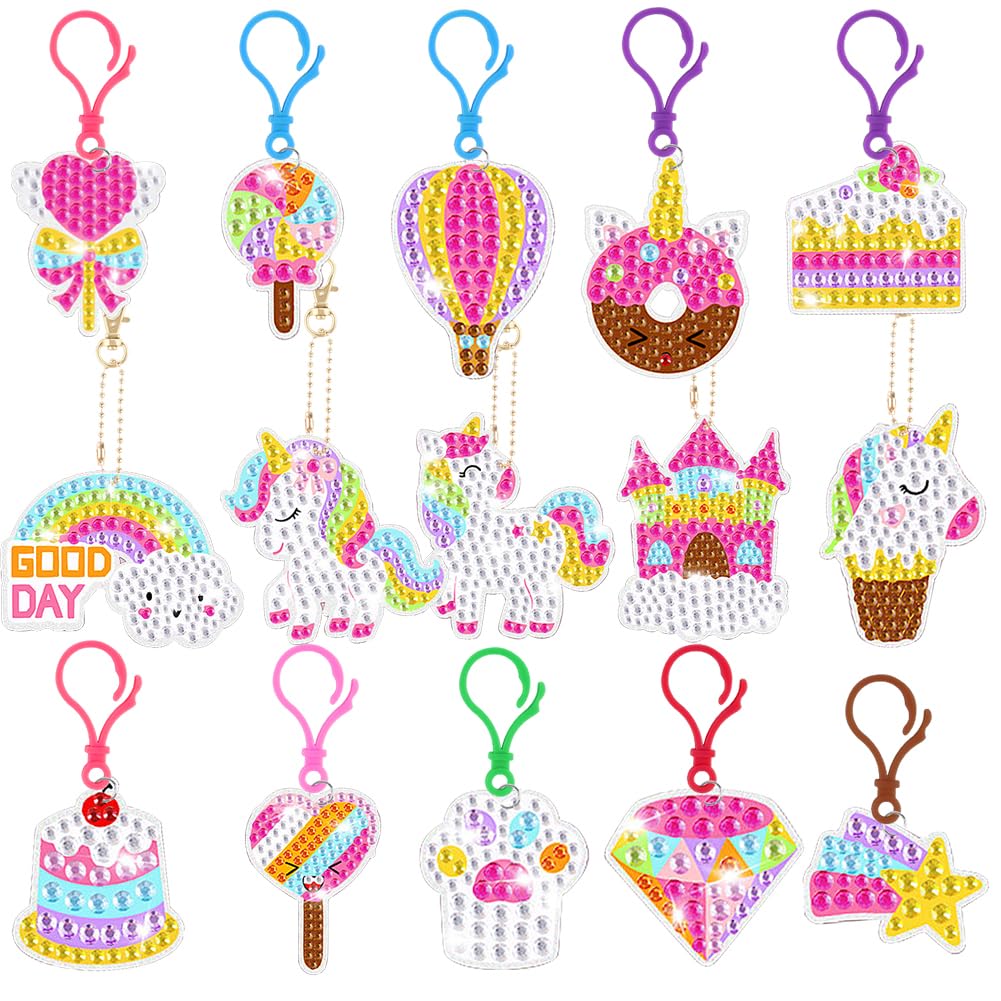 AUAUY 15-Piece Unicorn Diamond Painting Keychains - DIY 5D Diamond Art Keychain Hanging Ornaments for Kids Crafts