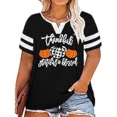 Plus Size Thanksgiving Shirts Women Thankful Grateful Blessed Shirt Leopard Pumpkin Print Casual Fall Tops
