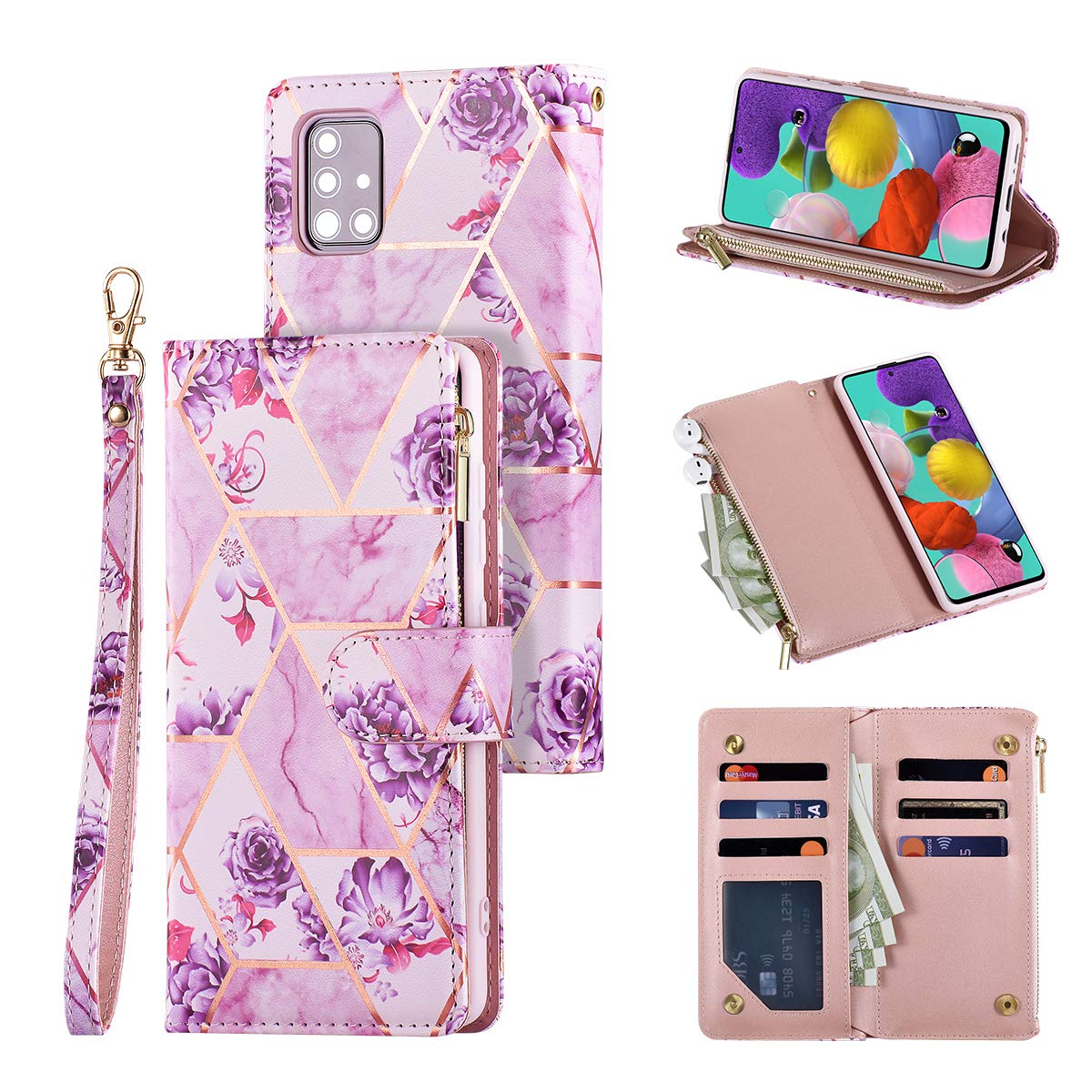 UEEBAI Wallet Case for Samsung Galaxy A51, Premium PU Leather Case Magnetic Closure Geometric Marble Flower Pattern Handbag Zipper Pocket Case Kickstand 6 Card Slots Shockproof Flip Cover - Purple