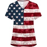 LOMON V Neck Print Scrub Tops for Women Short Sleeve Scrub Shirts Stretchy Holiday Nurse Uniform with 2 Pockets
