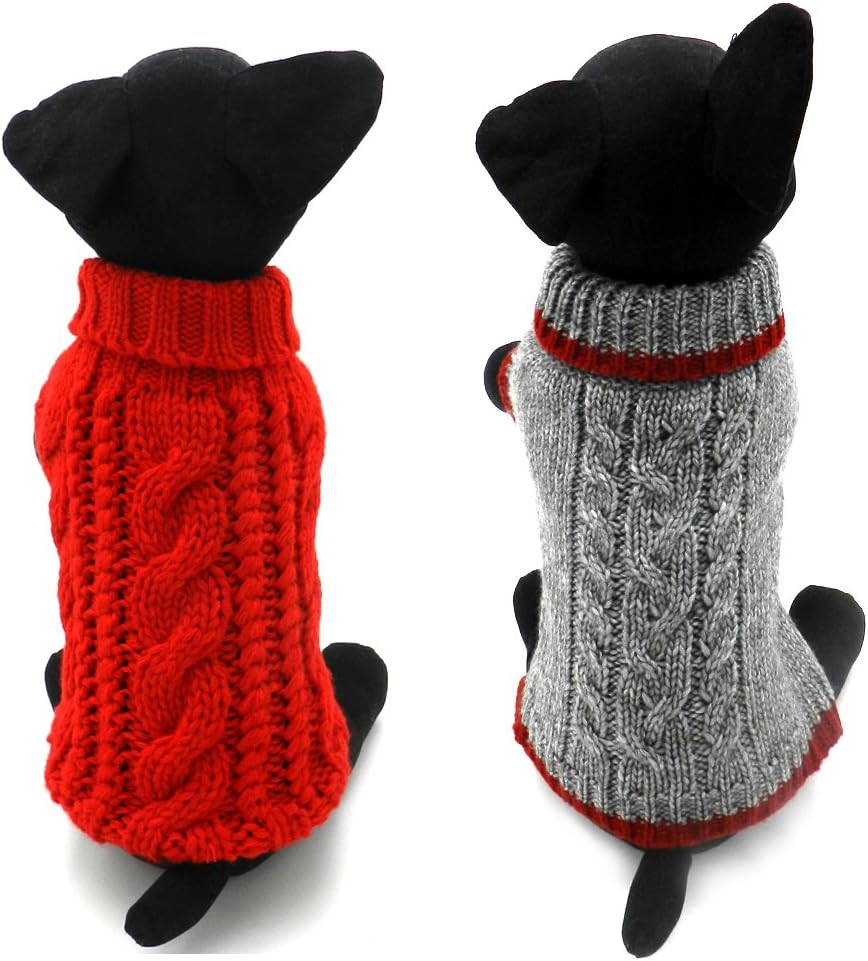 Pack of 2 Turtleneck Classic Cable Knit Dog Cat Pet Sweater Apparel Classic Red and Grey (S)