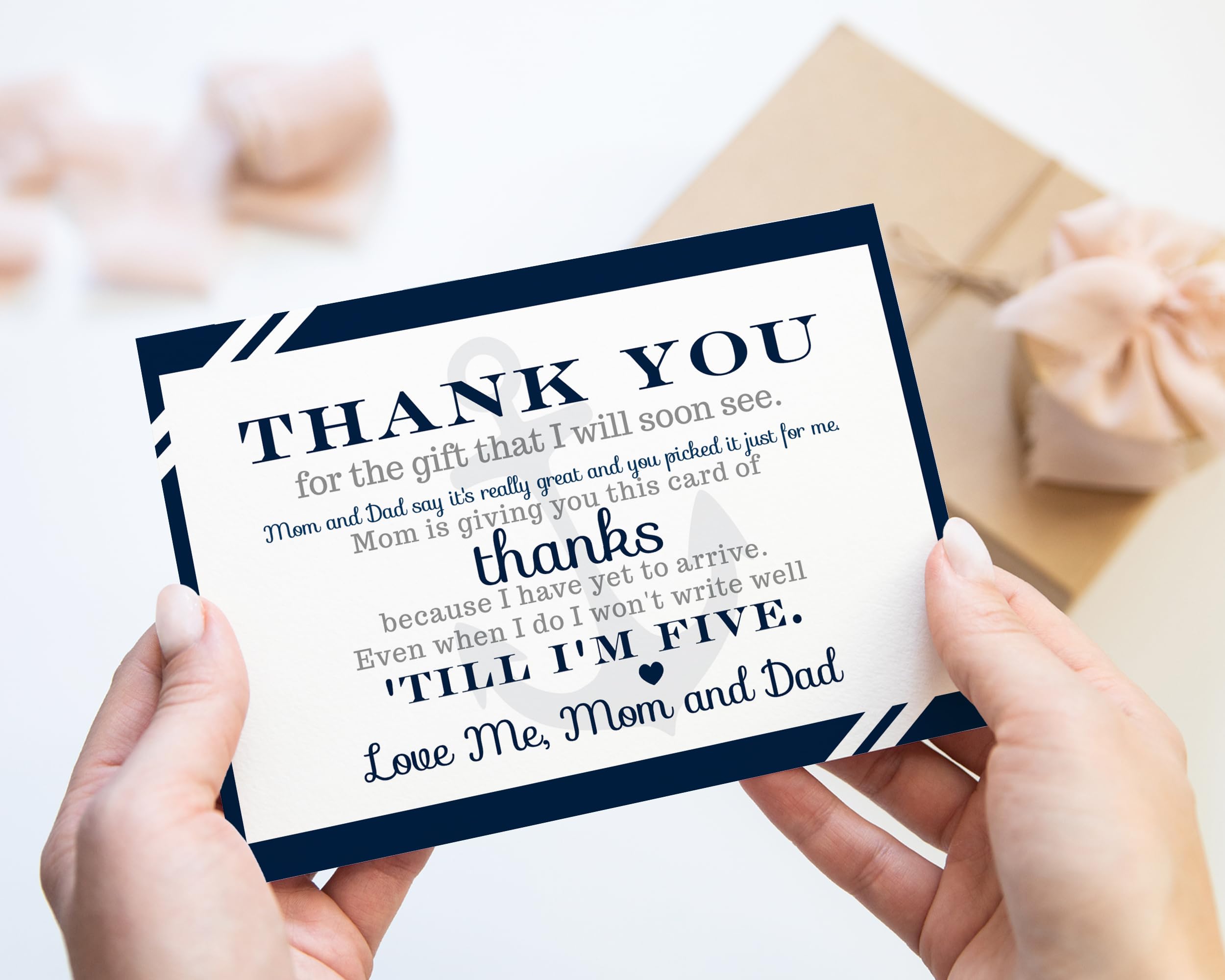 Nautical Baby Shower Thank You Cards with Envelopes (25 Pack) Preprinted Message from Baby Boys with Customizable Space for Handwritten Note from New Parents, 4x6 Double-Sided Card Navy Blue