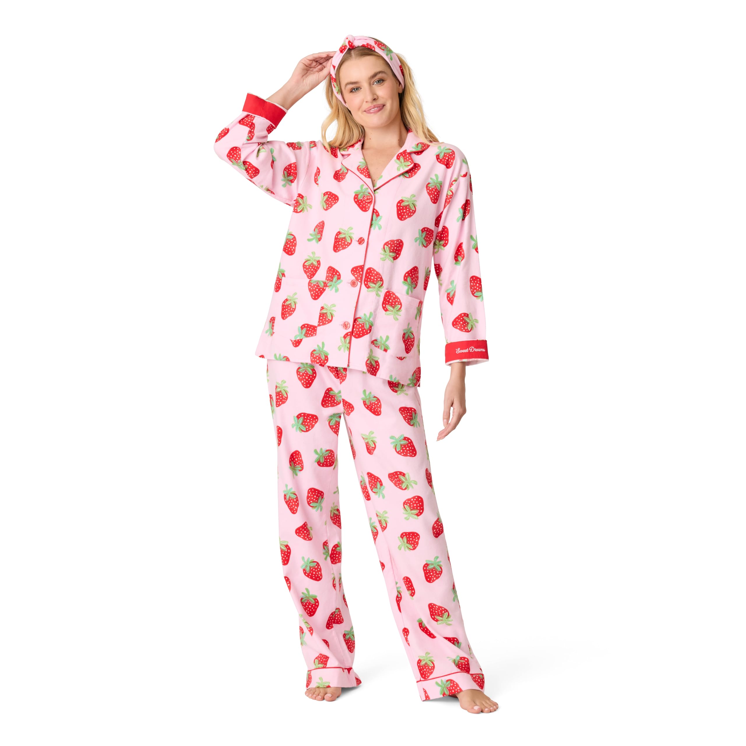 P.J. Salvage Women’s Cotton Flannel Long-Sleeve Top, Pant and Headband 3-Piece Pajama Set, Sweet Dreams, Large