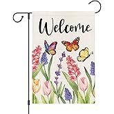 zeevly Spring Floral Garden Flag 12x18 Inch Double Sided Tulips Butterfly Welcome Small Burlap Yard Flag for Outside